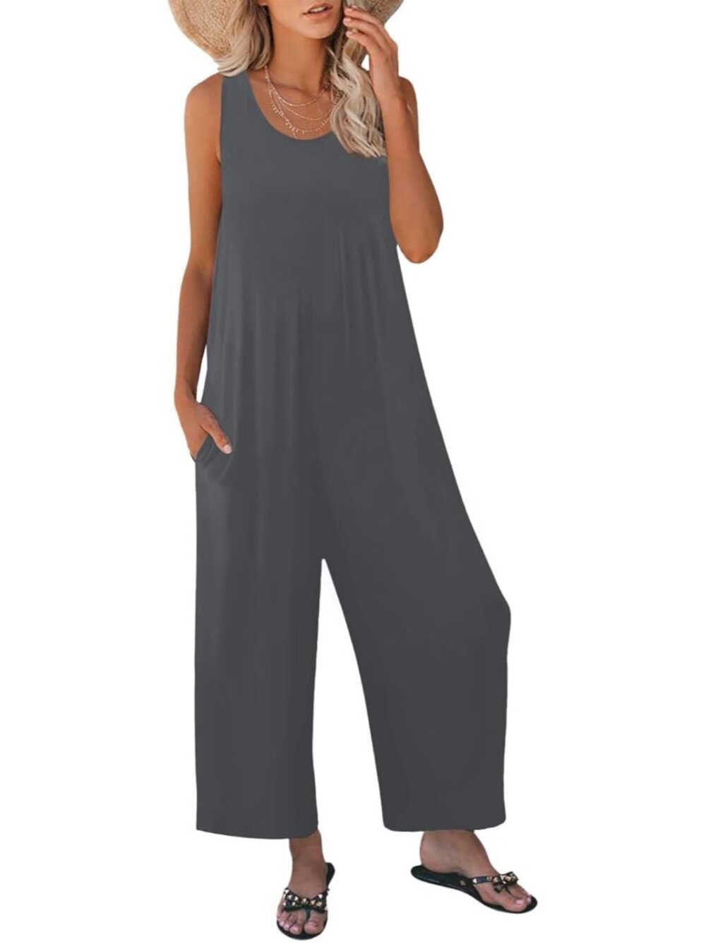 Women's Grey Casual Loose Tank Sleeveless Crewneck Long Pant Romper